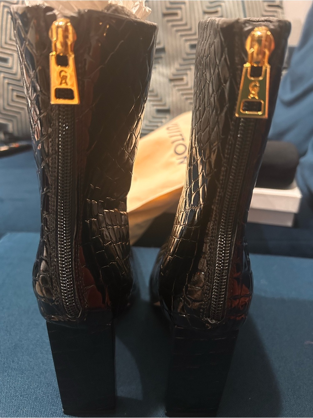 Good American Boots Patent Leather Croc Print Box Toe Style, Black, Size 8.5
